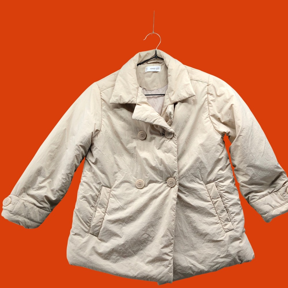MNG Mango Kids Girls Double Breasted Padded Trench Coat Beige Cream Size 8